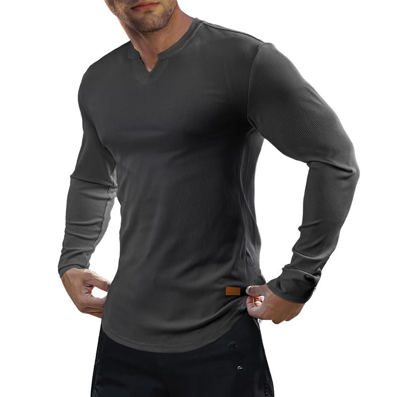 T-shirts longs à col en V et à côtes, manches longues, pour la salle de sport et l'entraînement, vêtements de sport pour homme
