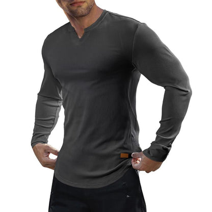 T-shirts longs à col en V et à côtes, manches longues, pour la salle de sport et l'entraînement, vêtements de sport pour homme