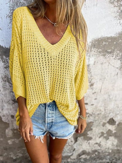 🔥Hot Sale 50% OFF🔥Top tricoté creux à col en V🍀🛫Achetez-en deux et bénéficiez d'une livraison gratuite🛫