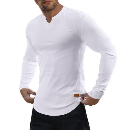 T-shirts longs à col en V et à côtes, manches longues, pour la salle de sport et l'entraînement, vêtements de sport pour homme