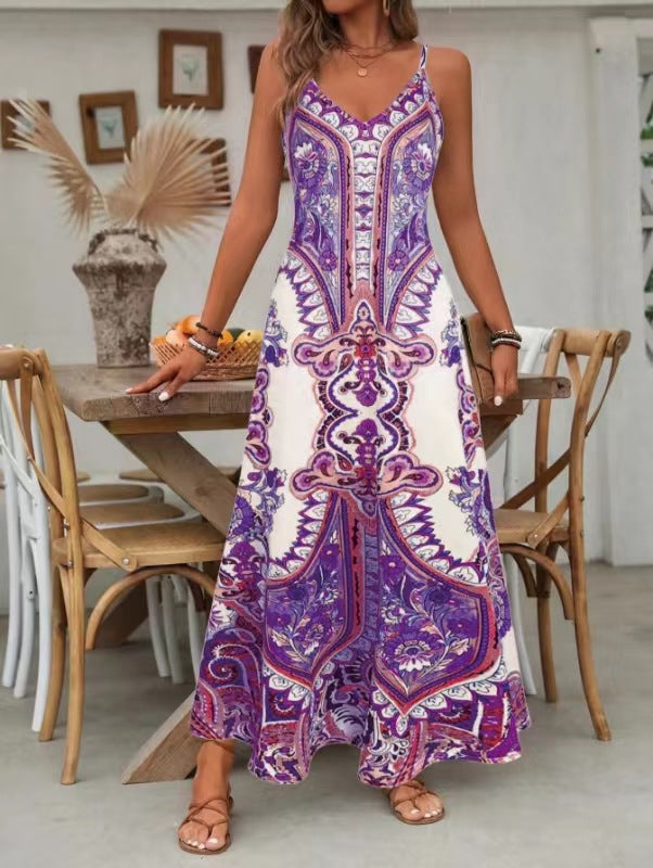 🎁Robe longue sans manches à col en V et imprimé rétro pour femme🎁Achetez 2 livraison gratuite