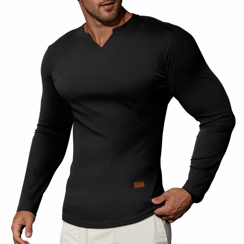 T-shirts longs à col en V et à côtes, manches longues, pour la salle de sport et l'entraînement, vêtements de sport pour homme