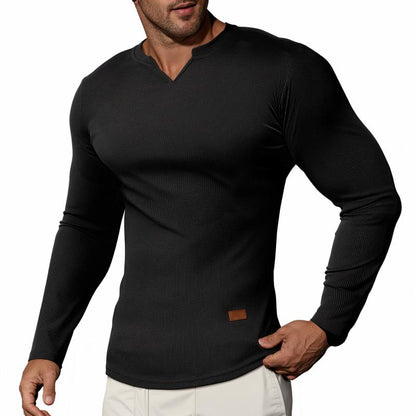 T-shirts longs à col en V et à côtes, manches longues, pour la salle de sport et l'entraînement, vêtements de sport pour homme