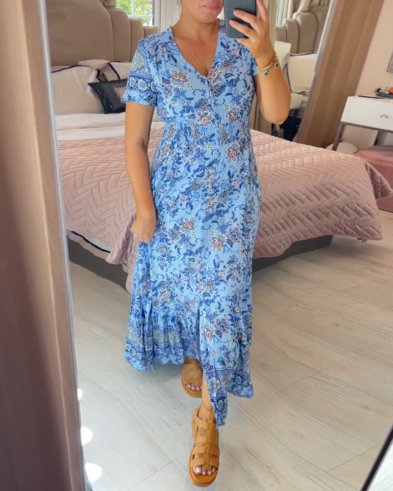 👗 50% DE RÉDUCTION ! 💃 Robe Longue à Col en V Imprimée – Coupe Élégante, Tissu Confortable & Style Polyvalent ✨