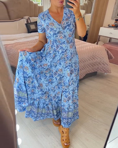 👗 50% DE RÉDUCTION ! 💃 Robe Longue à Col en V Imprimée – Coupe Élégante, Tissu Confortable & Style Polyvalent ✨