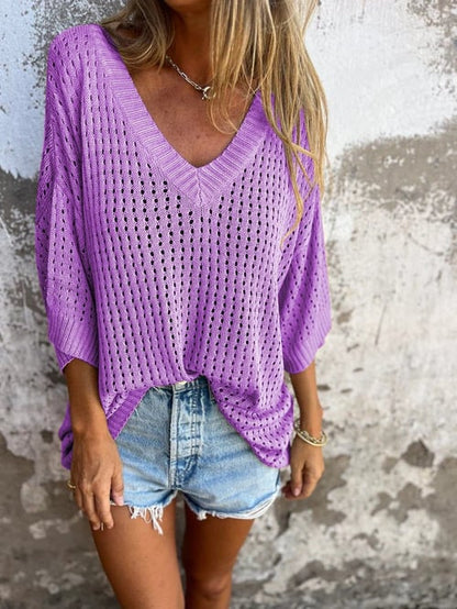 🔥Hot Sale 50% OFF🔥Top tricoté creux à col en V🍀🛫Achetez-en deux et bénéficiez d'une livraison gratuite🛫