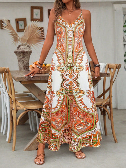 🎁Robe longue sans manches à col en V et imprimé rétro pour femme🎁Achetez 2 livraison gratuite