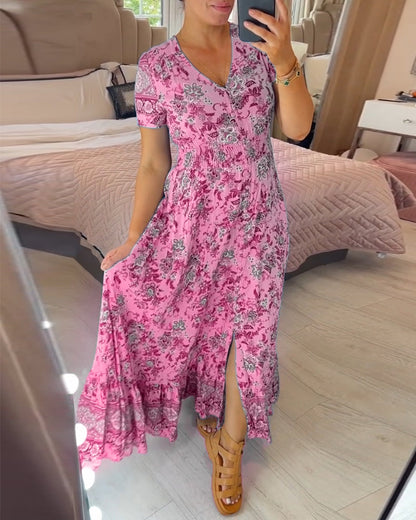 👗 50% DE RÉDUCTION ! 💃 Robe Longue à Col en V Imprimée – Coupe Élégante, Tissu Confortable & Style Polyvalent ✨