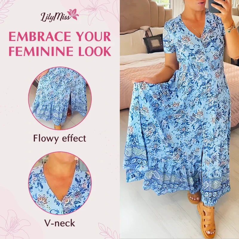 👗 50% DE RÉDUCTION ! 💃 Robe Longue à Col en V Imprimée – Coupe Élégante, Tissu Confortable & Style Polyvalent ✨