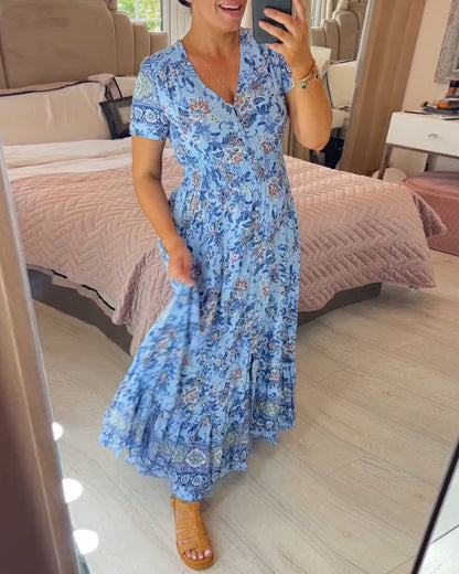 👗 50% DE RÉDUCTION ! 💃 Robe Longue à Col en V Imprimée – Coupe Élégante, Tissu Confortable & Style Polyvalent ✨