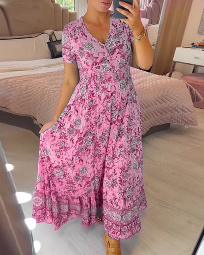 👗 50% DE RÉDUCTION ! 💃 Robe Longue à Col en V Imprimée – Coupe Élégante, Tissu Confortable & Style Polyvalent ✨