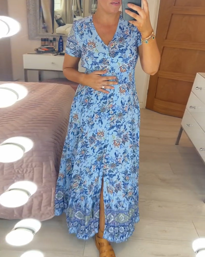 👗 50% DE RÉDUCTION ! 💃 Robe Longue à Col en V Imprimée – Coupe Élégante, Tissu Confortable & Style Polyvalent ✨