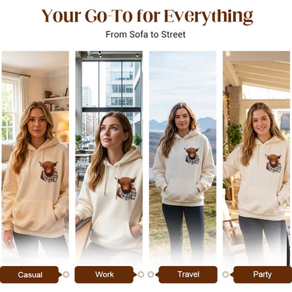 🐮💛 Sweat à Capuche Highland Cow Doublé Polaire – Ultra Doux & Confortable pour les Soirées Fraîches