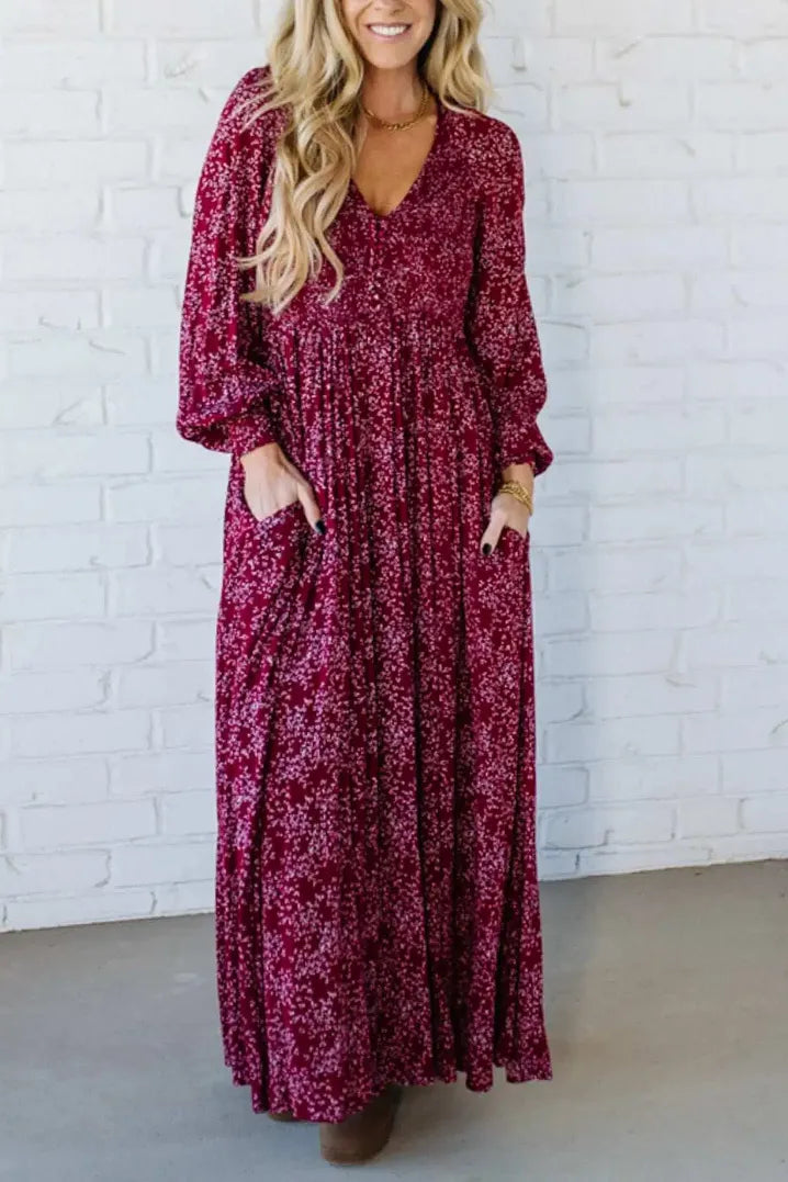 💎 Robe Longue à Fleurs en Rayonne – Taille Smockée, Doublure Intégrale & Poches Cachées 🌸👗