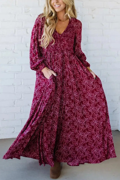💎 Robe Longue à Fleurs en Rayonne – Taille Smockée, Doublure Intégrale & Poches Cachées 🌸👗
