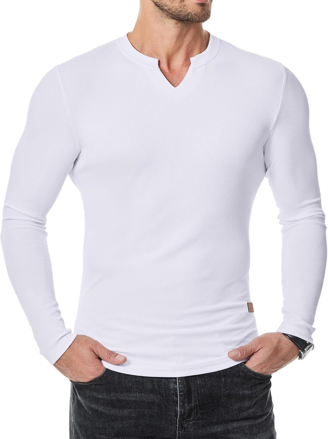 T-shirts longs à col en V et à côtes, manches longues, pour la salle de sport et l'entraînement, vêtements de sport pour homme