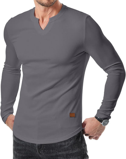 T-shirts longs à col en V et à côtes, manches longues, pour la salle de sport et l'entraînement, vêtements de sport pour homme