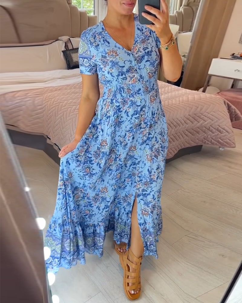 👗 50% DE RÉDUCTION ! 💃 Robe Longue à Col en V Imprimée – Coupe Élégante, Tissu Confortable & Style Polyvalent ✨