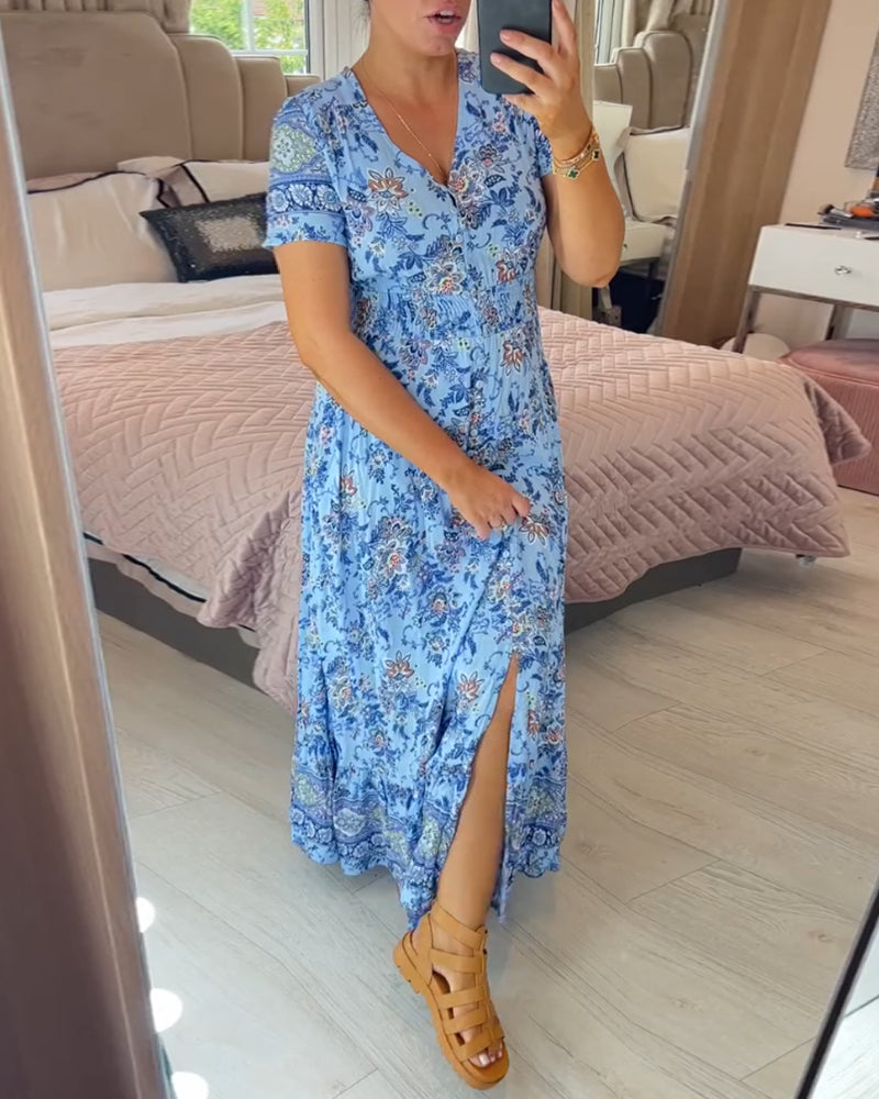 👗 50% DE RÉDUCTION ! 💃 Robe Longue à Col en V Imprimée – Coupe Élégante, Tissu Confortable & Style Polyvalent ✨