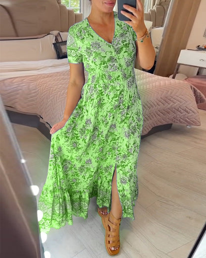👗 50% DE RÉDUCTION ! 💃 Robe Longue à Col en V Imprimée – Coupe Élégante, Tissu Confortable & Style Polyvalent ✨