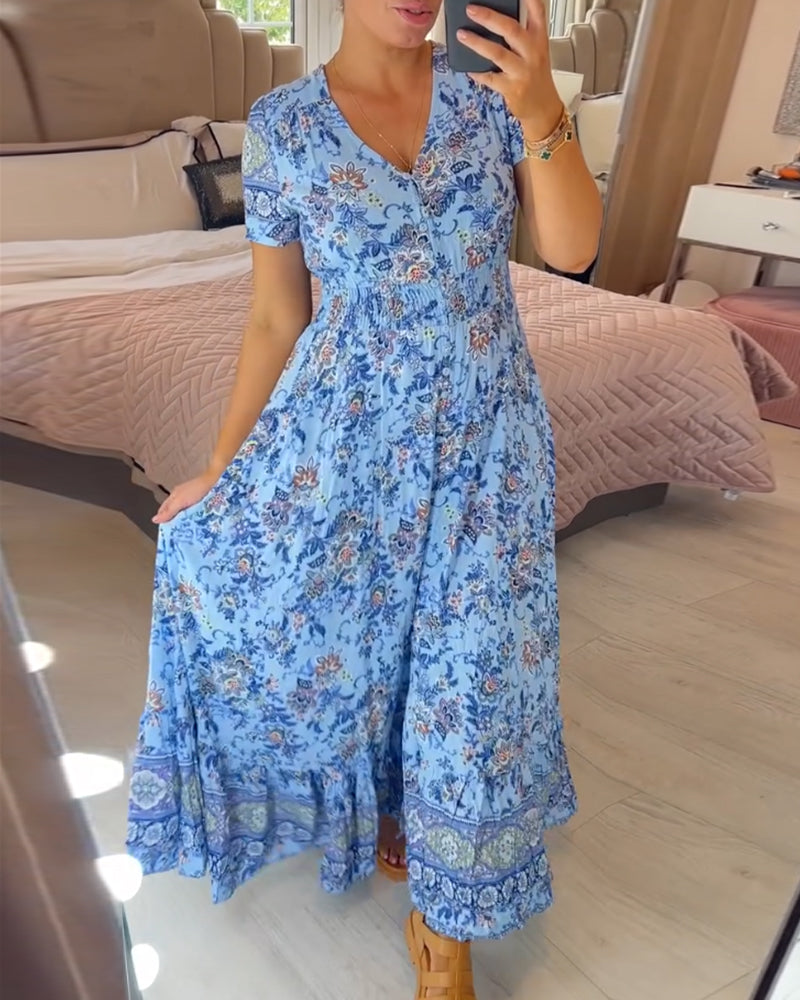 👗 50% DE RÉDUCTION ! 💃 Robe Longue à Col en V Imprimée – Coupe Élégante, Tissu Confortable & Style Polyvalent ✨