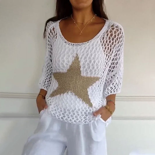 🔥Haut en résille tricoté au crochet à col rond pour femmes