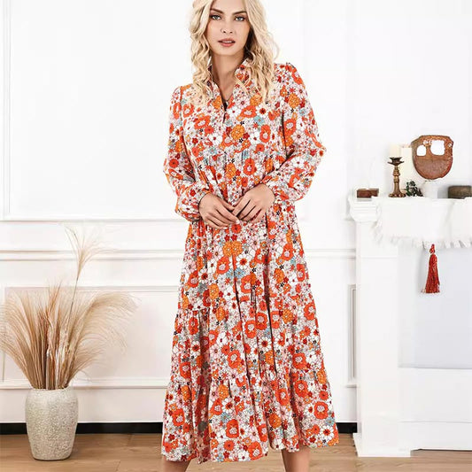 🔥Achetez 2 livraisons gratuites🔥Robe mi-longue bohème à manches longues et col en V pour femme