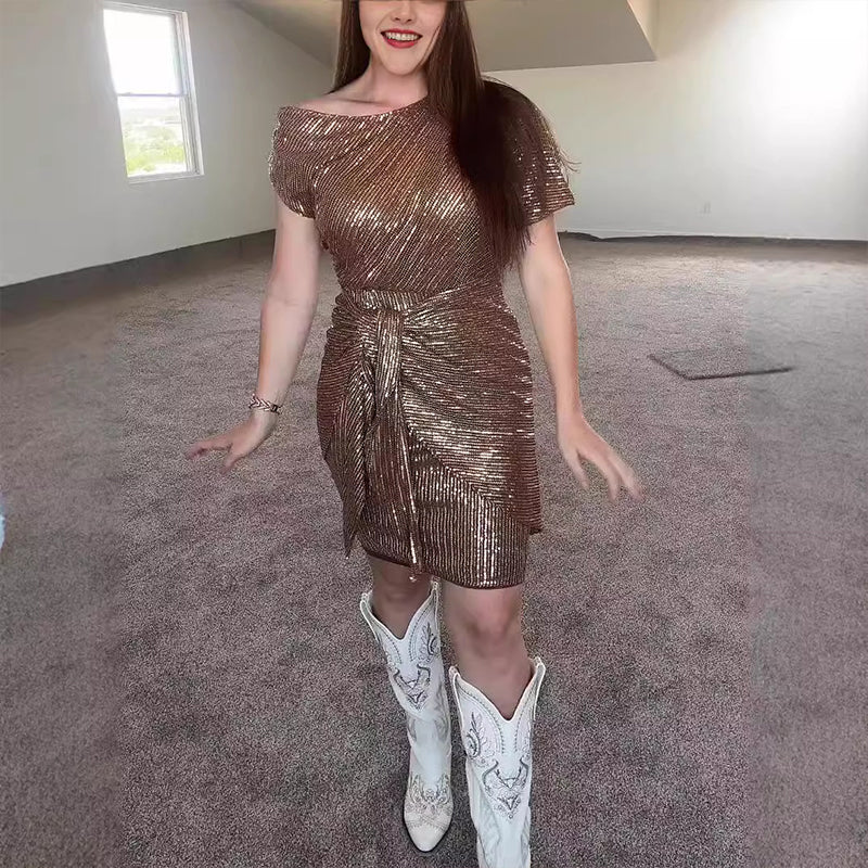 💃Soldes du dernier jour -60% DE RÉDUCTION🎉Robe plissée étincelante à une épaule✨