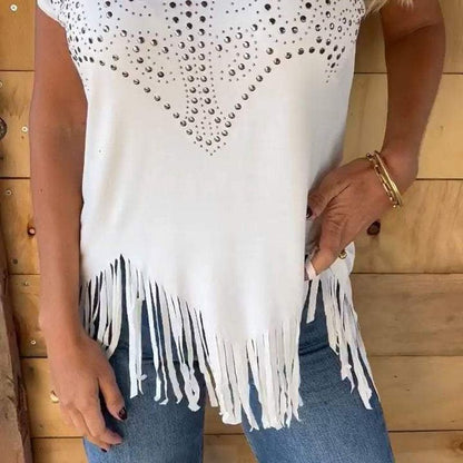 Einfarbiges Kurzarm-T-Shirt für Damen mit heißem Aufdruck und ausgefranstem Saum