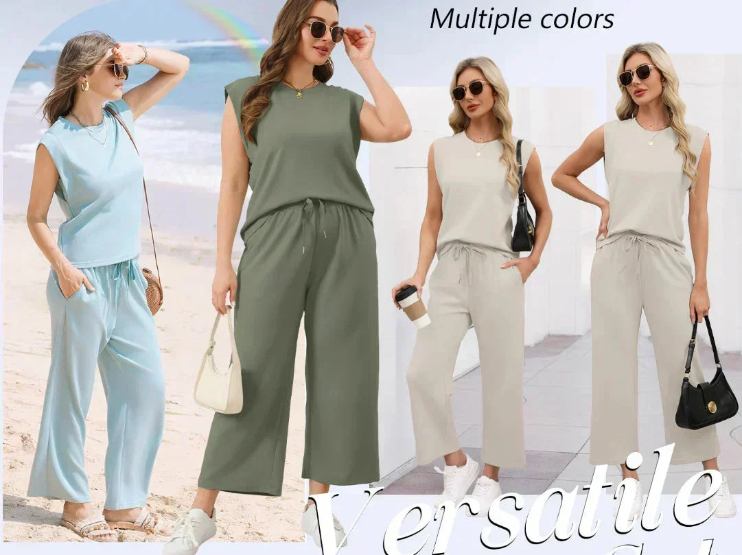 🌺 Promotion exceptionnelle : 49 % de réduction 🌺 Nouvel ensemble 2 pièces pour femme : haut sans manches et pantalon à jambes larges
