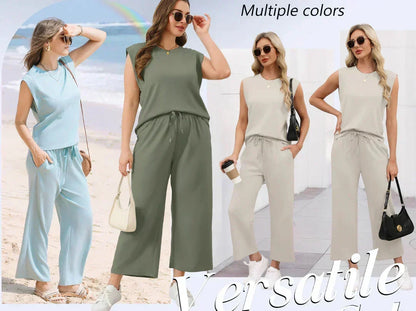 🌺 Promotion exceptionnelle : 49 % de réduction 🌺 Nouvel ensemble 2 pièces pour femme : haut sans manches et pantalon à jambes larges