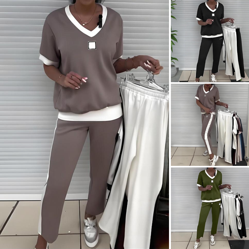 👚💜 Ensemble Pantalon & Top Décontracté à Col V pour Femmes – Tendance, Confortable & Parfait Pour Un Look Décontracté 🌸