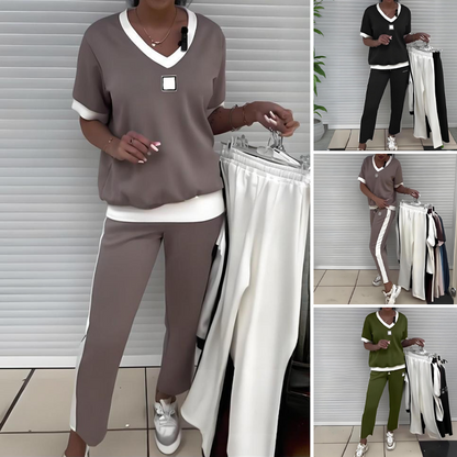 👚💜 Ensemble Pantalon & Top Décontracté à Col V pour Femmes – Tendance, Confortable & Parfait Pour Un Look Décontracté 🌸