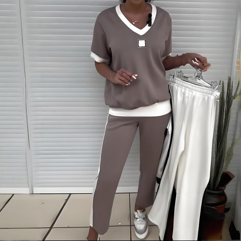 👚💜 Ensemble Pantalon & Top Décontracté à Col V pour Femmes – Tendance, Confortable & Parfait Pour Un Look Décontracté 🌸