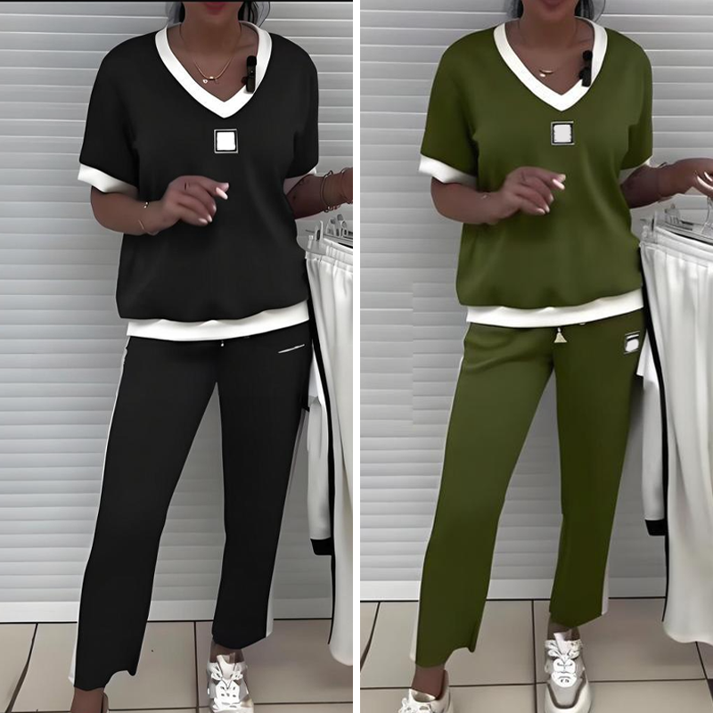 👚💜 Ensemble Pantalon & Top Décontracté à Col V pour Femmes – Tendance, Confortable & Parfait Pour Un Look Décontracté 🌸