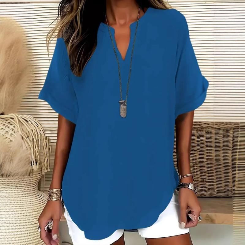 👚🔥Top Ample à Manches Courtes – Col en V, Ourlet Asymétrique & Tissu Léger Respirant (5 Couleurs)