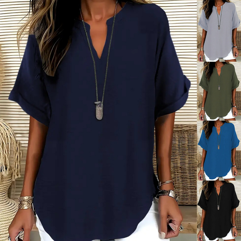 👚🔥Top Ample à Manches Courtes – Col en V, Ourlet Asymétrique & Tissu Léger Respirant (5 Couleurs)