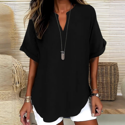 👚🔥Top Ample à Manches Courtes – Col en V, Ourlet Asymétrique & Tissu Léger Respirant (5 Couleurs)