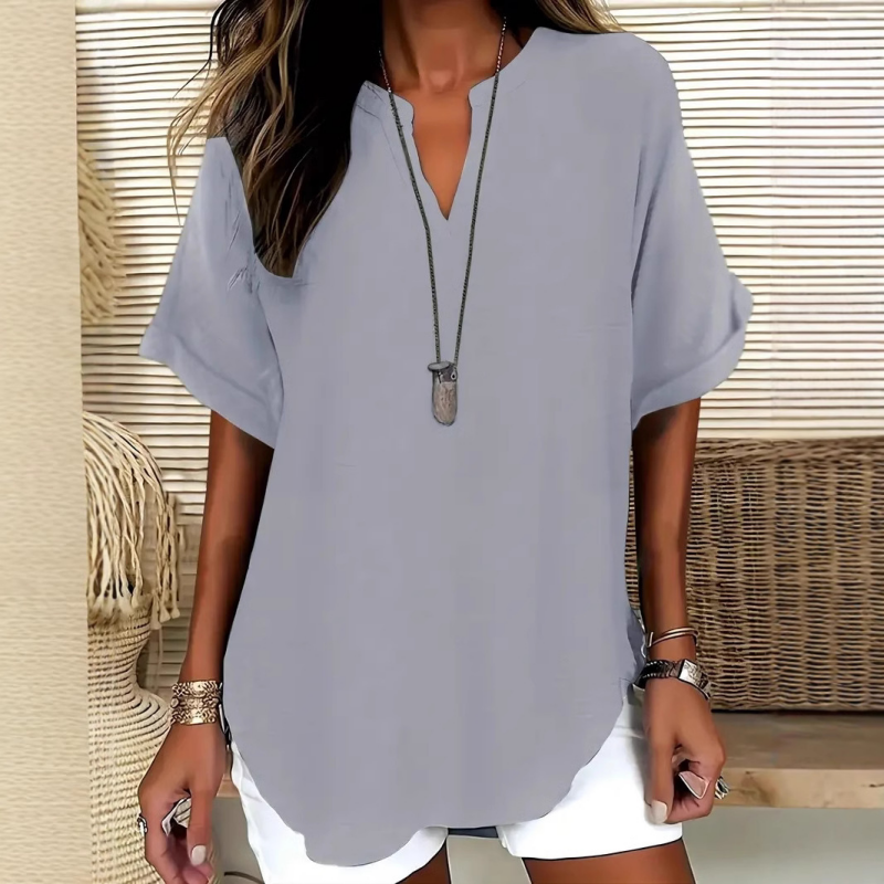 👚🔥Top Ample à Manches Courtes – Col en V, Ourlet Asymétrique & Tissu Léger Respirant (5 Couleurs)