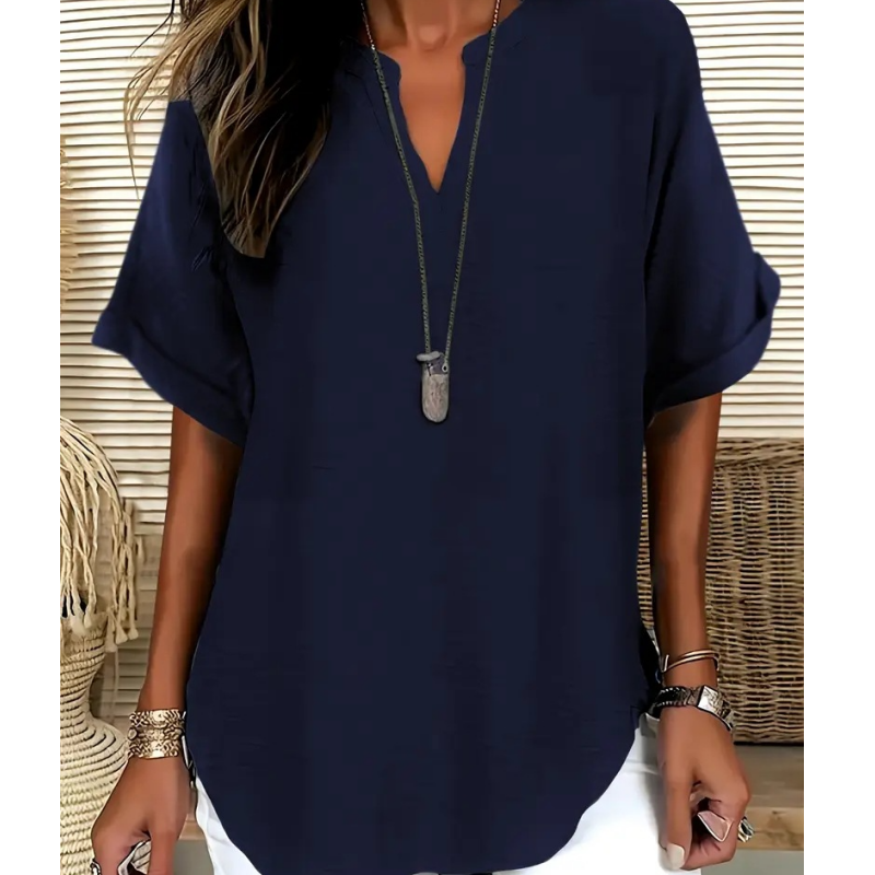 👚🔥Top Ample à Manches Courtes – Col en V, Ourlet Asymétrique & Tissu Léger Respirant (5 Couleurs)