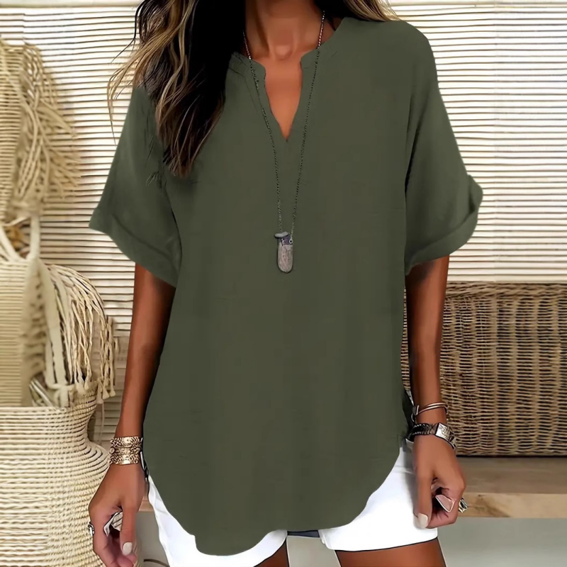 👚🔥Top Ample à Manches Courtes – Col en V, Ourlet Asymétrique & Tissu Léger Respirant (5 Couleurs)