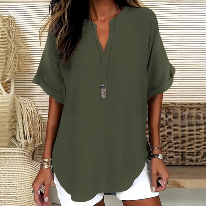 👚🔥Top Ample à Manches Courtes – Col en V, Ourlet Asymétrique & Tissu Léger Respirant (5 Couleurs)