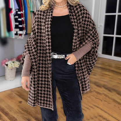 🎁Soldes automne 2025✨🖤Poncho femme ouvert sur le devant, motif pied-de-poule