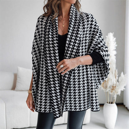 🎁Soldes automne 2025✨🖤Poncho femme ouvert sur le devant, motif pied-de-poule
