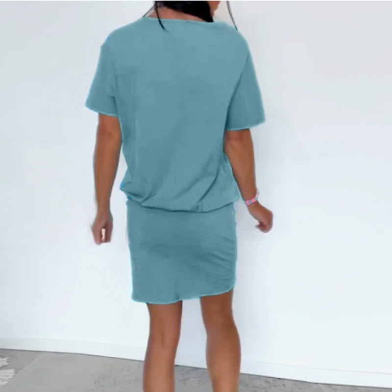 Robe unie pour femme, à col rond et manches courtes