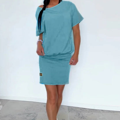 Robe unie pour femme, à col rond et manches courtes