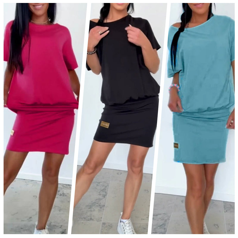 Robe unie pour femme, à col rond et manches courtes