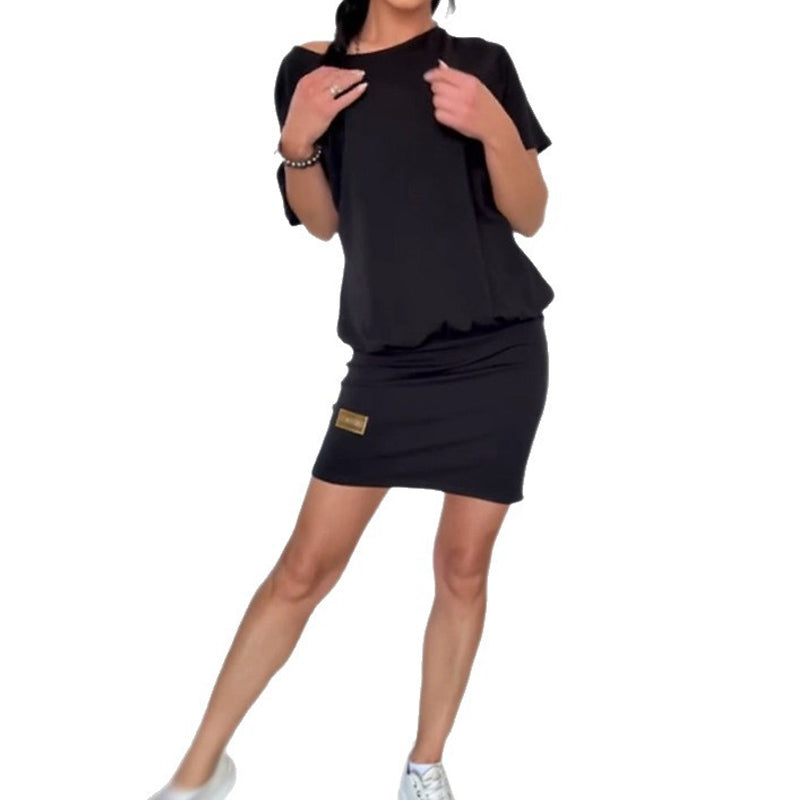 Robe unie pour femme, à col rond et manches courtes