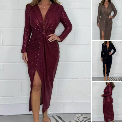 ⚡💥 Robe de soirée élégante à encolure en V, plissée et fendue, avec paillettes, pour femmes. 50 % de réduction, le meilleur rapport qualité-prix !