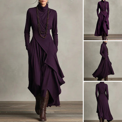 Robe longue asymétrique drapée à col haut élégante pour femme